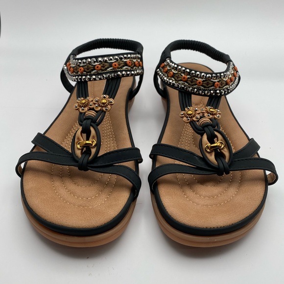 littleplum Shoes - Littleplum Boho Beaded Embellished Thong Sandals Black & Tan Size 43 US 11